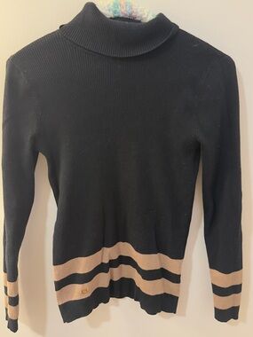 Lauren Ralph Lauren Black Turtleneck Sweater with Tan Stripes